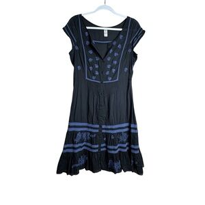 Free People Black Blue Embroidered Ruffle Dress Cotton Lightweight Size 10 H15